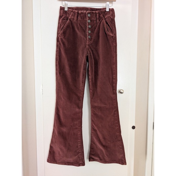 American Eagle Outfitters Pants - American Eagle Burgundy Corduroy‎ High Rise Flare Pants Button Fly Womens 4S